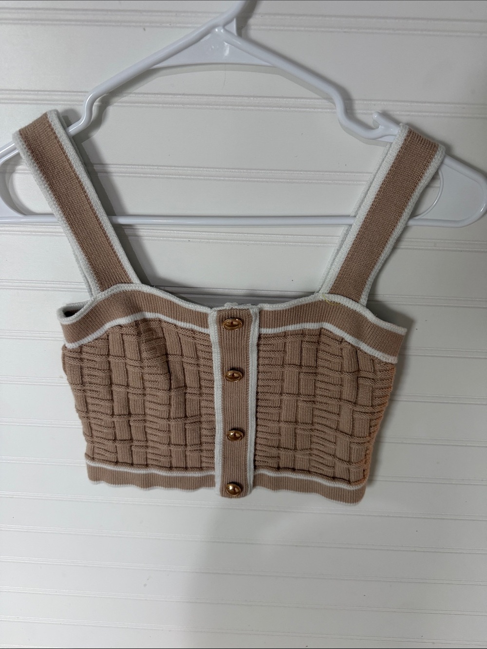 SHEIN Beige Knit Button-Front Crop Tank with White Trim